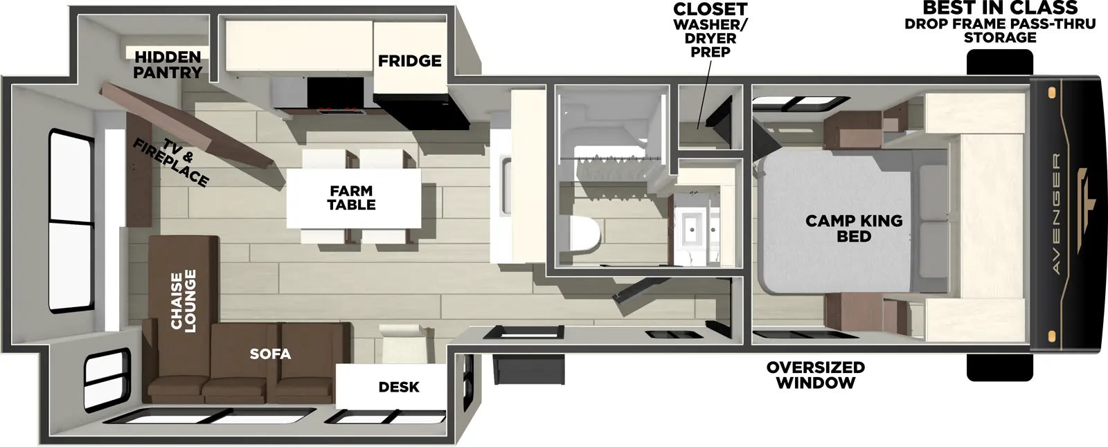 The Avenger 27REI floorplan has one entry and two slide outs. Exterior features include: metal exterior. Interiors features include: kitchen island, front bedroom and rear living.